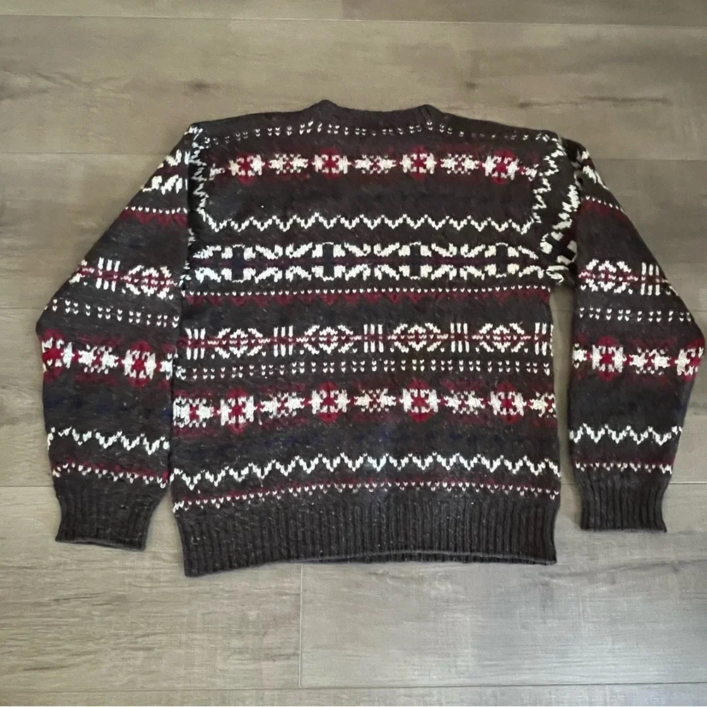 Vintage Wool Sweater Brown/Red Men Medium Fair Isle Nordic Thick Knit Snowflakes